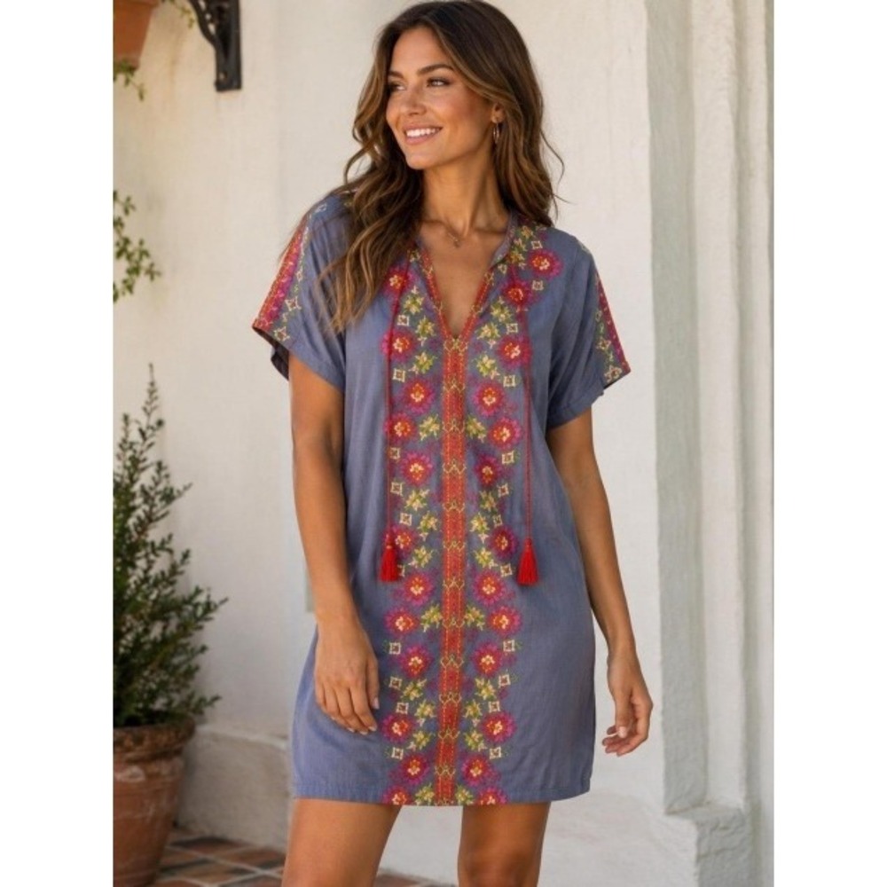 NWT Natural Life Embroidered Dress Women M Blue Boho Floral Peasant Festival